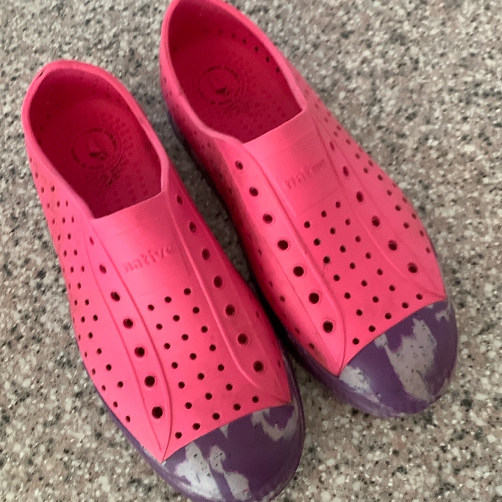 Natives shoes pink and purple/gray trim. Used. Lots of wear left. Size J5